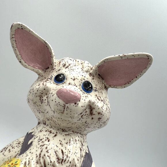 Vintage Ceramic Derpy Easter Rabbit Egg Spring Bunny Overalls 10" - Picture 2 of 5